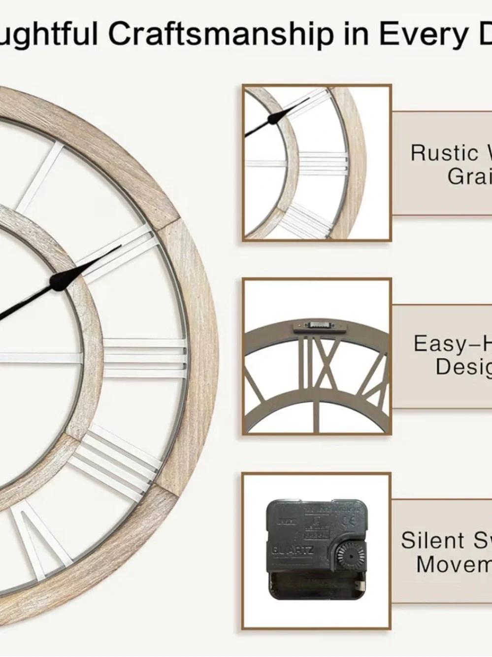24”Large Rustic Wooden Wall Clock Silent Non-Ticking Farmhouse Decor Light Ivory